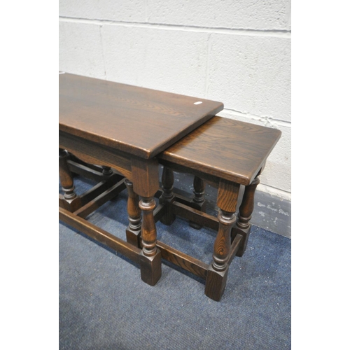 1457 - A SMALL SOLID OAK COFFEE/NEST OF THREE TABLES, length 72cm x depth 35cm x height 45cm