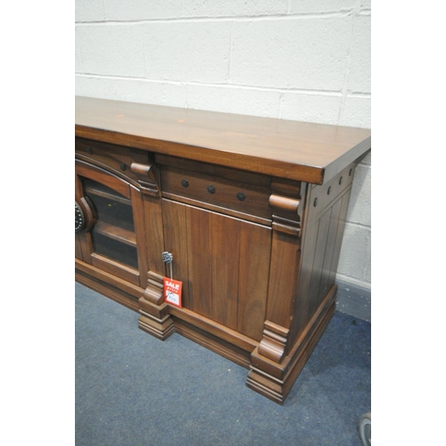 1465 - A HEAVY CHERRYWOOD SIDEBOARD, with drawers, and cupboard doors, width 199cm x depth 55cm x height 74... 