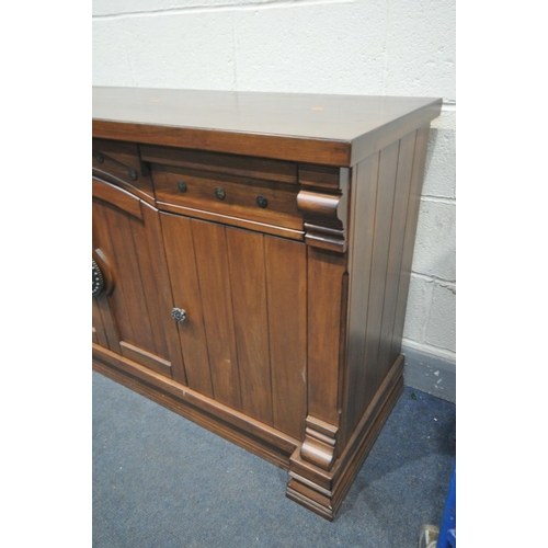 1466 - A HEAVY CHERRYWOOD SIDEBOARD, with drawers, and cupboard doors, with a separate mirror top, width 16... 