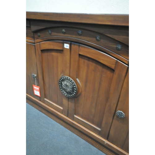 1466 - A HEAVY CHERRYWOOD SIDEBOARD, with drawers, and cupboard doors, with a separate mirror top, width 16... 