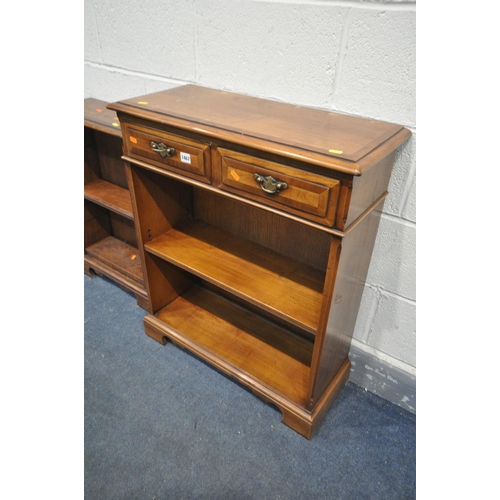 1467 - A CHERRYWOOD AND CROSSBANDED OPEN BOOKCASE, with two drawers, width 70cm x depth 29cm x height 84cm ... 