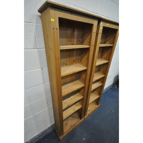 1469 - A PAIR TALL SLIM PINE OPEN BOOKCASES, width 59cm x 25cm x height 184cm (condition:-minor surface wea... 