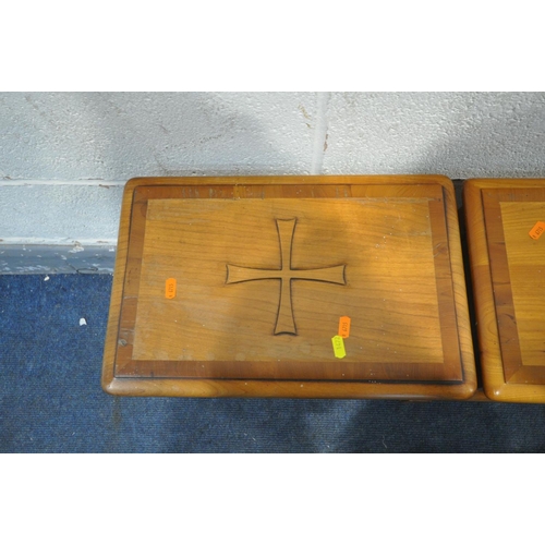 1472 - A PAIR OF SIMPSONS OF NORFOLK CHERRYWOOD AND CROSSBANDED MILLENNIUM STOOLS, the with a carved cross ... 