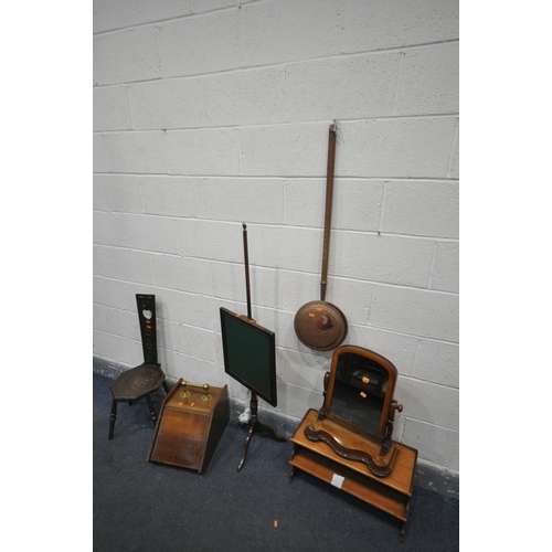 1473 - A 19TH CENTURY WALNUT PURDONIUM, along with a carved oak spinning chair, a Victorian mahogany swing ... 