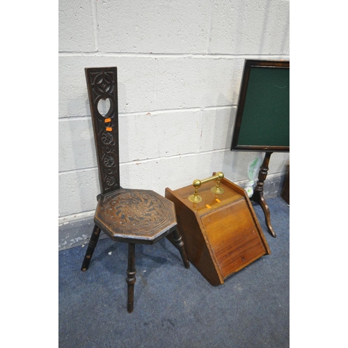 1473 - A 19TH CENTURY WALNUT PURDONIUM, along with a carved oak spinning chair, a Victorian mahogany swing ... 