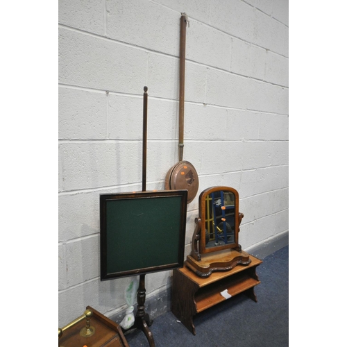 1473 - A 19TH CENTURY WALNUT PURDONIUM, along with a carved oak spinning chair, a Victorian mahogany swing ... 