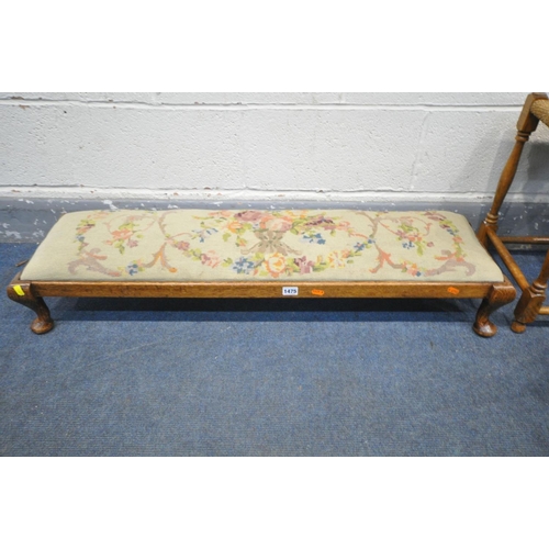 1474 - A LONG OAK NEEDLEWORK FOOTSTOOL, length 105cm, three rush topped stools (4)