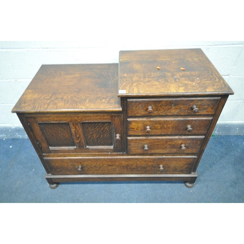 1475 - HEAL & SONS LTD OF LONDON, AN EARLY 20TH CENTURY OAK STEPPED CHEST  OF DRAWERS, comprising three sma... 