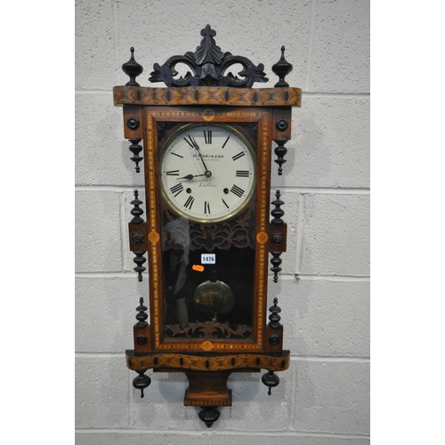 1476 - A 19TH CENTURY WALNUT WALL CLOCK, with Tunbridge ware inlay and ebonised decoration, singed H Robins... 