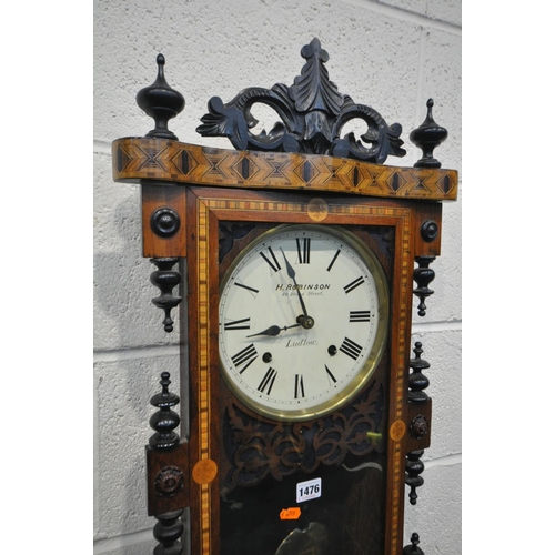 1476 - A 19TH CENTURY WALNUT WALL CLOCK, with Tunbridge ware inlay and ebonised decoration, singed H Robins... 