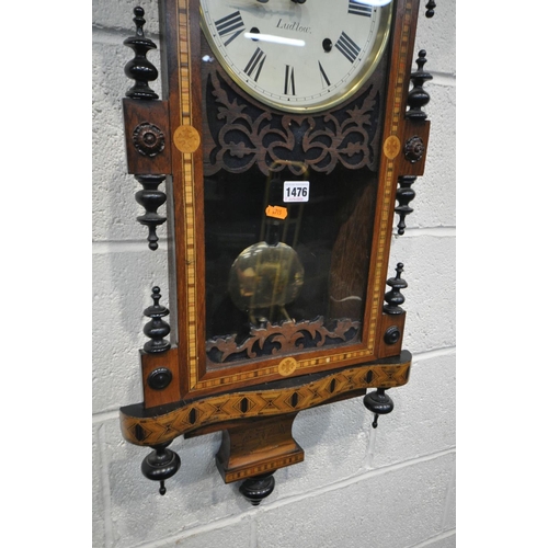 1476 - A 19TH CENTURY WALNUT WALL CLOCK, with Tunbridge ware inlay and ebonised decoration, singed H Robins... 