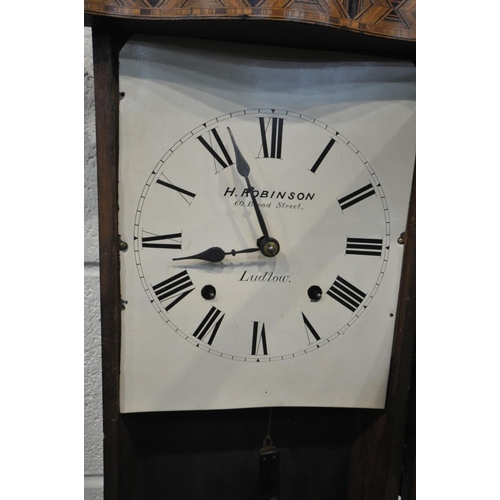 1476 - A 19TH CENTURY WALNUT WALL CLOCK, with Tunbridge ware inlay and ebonised decoration, singed H Robins... 