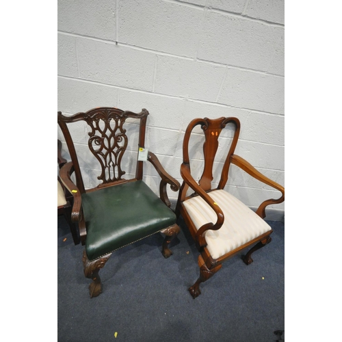 1478 - A REPRODUCTION CHIPPENDALE STYLE OPEN ARMCHAIR, with green leather seat pad, along cherrywood splat ... 