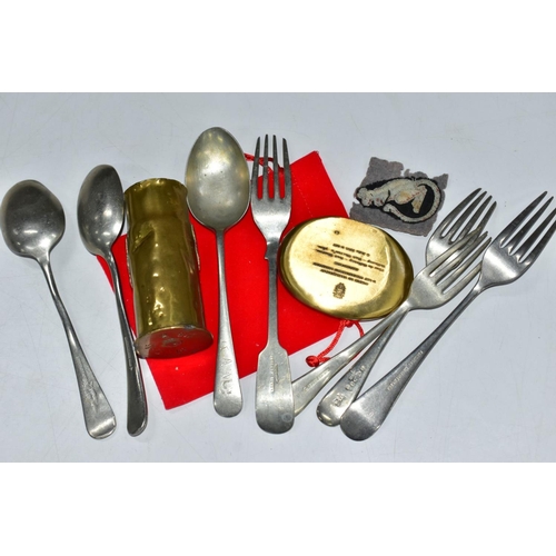 427 - A BOX CONTAINING SEVEN ITEMS OF MILITARY RELATED CUTLERY, forks, spoons, a WW2 era Desert Rats Patch... 