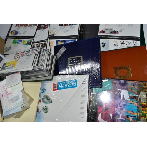 432 - COLLECTION OF STAMPS in a box with GB FDCs and mint GB in packets and yearbooks providing good face ... 