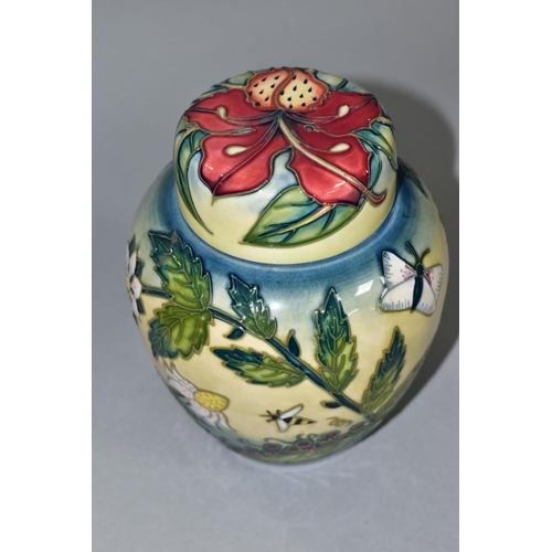 446 - A MOORCROFT FRUIT GARDEN GINGER JAR WITH SIMEON PATTERN LID, featuring tubelined flowers, strawberri... 