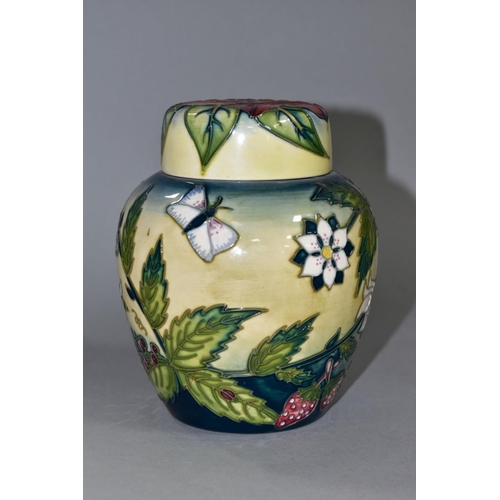 446 - A MOORCROFT FRUIT GARDEN GINGER JAR WITH SIMEON PATTERN LID, featuring tubelined flowers, strawberri... 