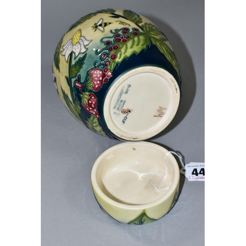 446 - A MOORCROFT FRUIT GARDEN GINGER JAR WITH SIMEON PATTERN LID, featuring tubelined flowers, strawberri... 