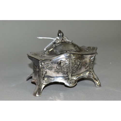 451 - A WMF PLATED JEWELLERY BOX, of bombé form with relief Art Nouveau style floral decoration, bud shape... 