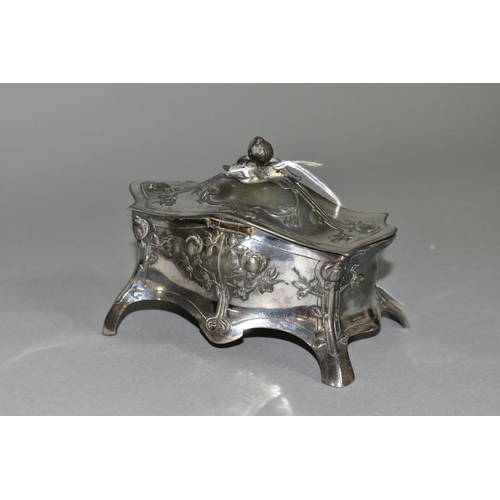 451 - A WMF PLATED JEWELLERY BOX, of bombé form with relief Art Nouveau style floral decoration, bud shape... 