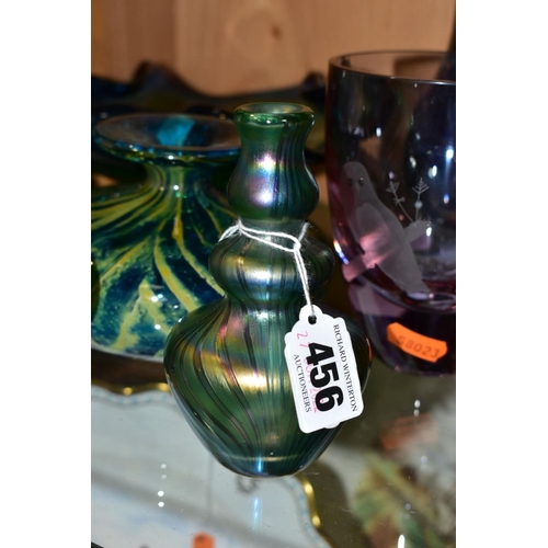 456 - A GROUP OF COLOURED GLASSWARES, to include an iridescent green bud vase with bulbous neck, in Loetz ... 