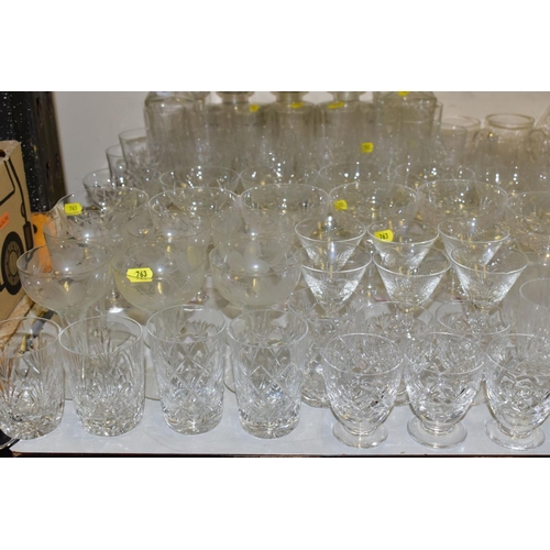 763 - A LARGE COLLECTION OF DRINKING GLASSES, FIVE DECANTERS, A BOXED SET OF ROYAL SEFTON CRYSTAL WINE GLA... 