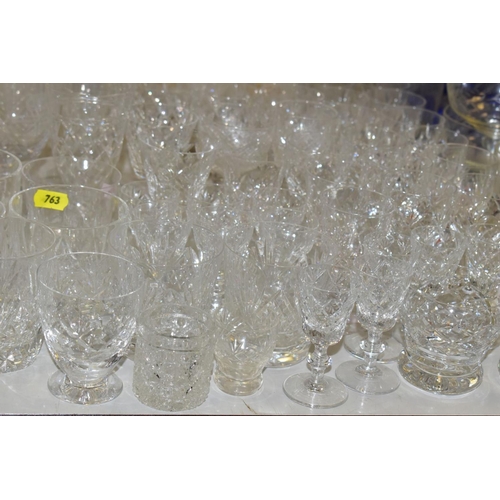 763 - A LARGE COLLECTION OF DRINKING GLASSES, FIVE DECANTERS, A BOXED SET OF ROYAL SEFTON CRYSTAL WINE GLA... 