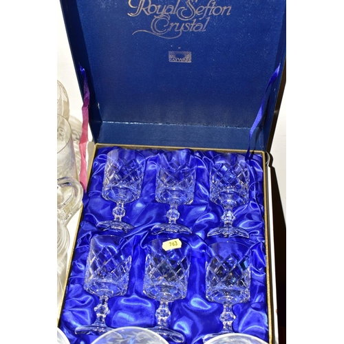 763 - A LARGE COLLECTION OF DRINKING GLASSES, FIVE DECANTERS, A BOXED SET OF ROYAL SEFTON CRYSTAL WINE GLA... 