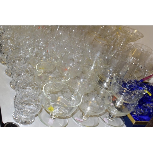 763 - A LARGE COLLECTION OF DRINKING GLASSES, FIVE DECANTERS, A BOXED SET OF ROYAL SEFTON CRYSTAL WINE GLA... 