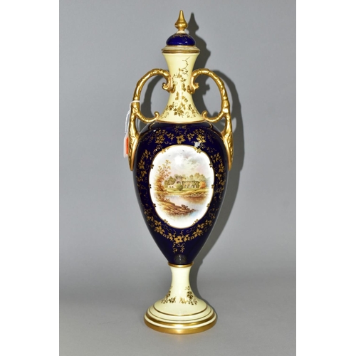 468 - AN EARLY 20TH CENTURY COALPORT TWIN HANDLED PEDESTAL VASE AND COVER, the pale yellow, blue and gilt ... 