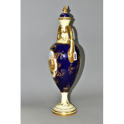 468 - AN EARLY 20TH CENTURY COALPORT TWIN HANDLED PEDESTAL VASE AND COVER, the pale yellow, blue and gilt ... 