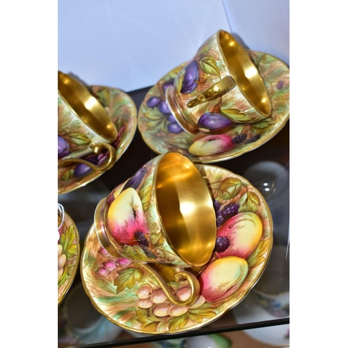 476 - A SET OF SEVEN AYNSLEY ORCHARD GOLD CABINET COFFEE CUPS AND SAUCERS, pattern no. 746, all bearing si... 