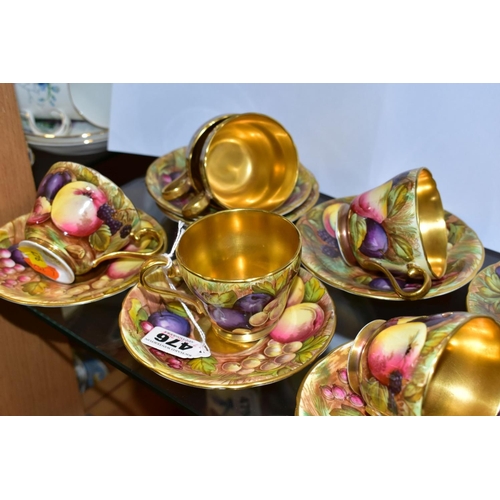 476 - A SET OF SEVEN AYNSLEY ORCHARD GOLD CABINET COFFEE CUPS AND SAUCERS, pattern no. 746, all bearing si... 