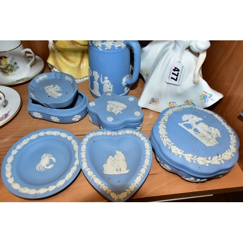 477 - TWO ROYAL DOULTON LADIES AND EIGHT PIECES OF WEDGWOOD JASPERWARE, the ladies comprising 'Kate' HN278... 