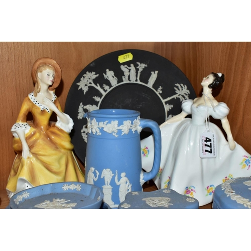 477 - TWO ROYAL DOULTON LADIES AND EIGHT PIECES OF WEDGWOOD JASPERWARE, the ladies comprising 'Kate' HN278... 