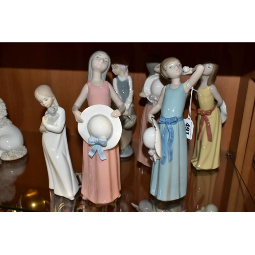 491 - FOUR LLADRO FIGURES OF GIRLS WITH HATS AND TWO OTHER SPANISH PORCELAIN FIGURES, comprising Naughty G... 