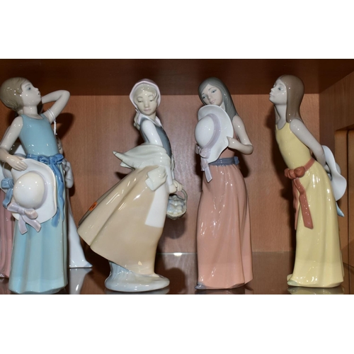 491 - FOUR LLADRO FIGURES OF GIRLS WITH HATS AND TWO OTHER SPANISH PORCELAIN FIGURES, comprising Naughty G... 