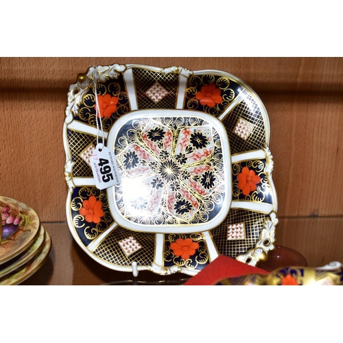 495 - THREE PIECES OF ROYAL CROWN DERBY 1128 IMARI, comprising a twin handled lozenge shaped dish of wavy ... 