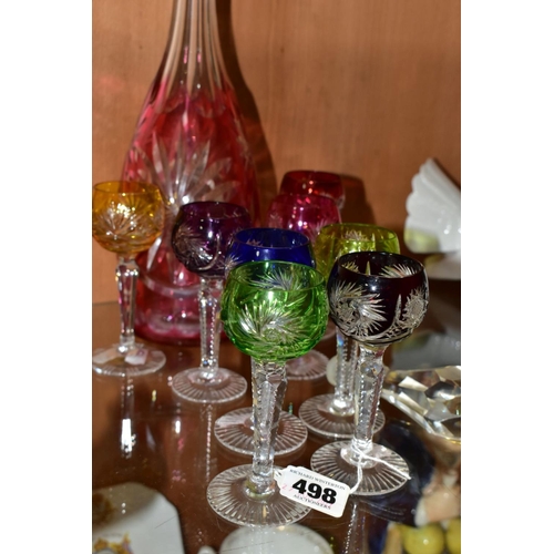 498 - A SET OF SIX SECOND HALF 20TH CENTURY HARLEQUIN LIQUEUR GLASSES, flash cut, height 11cm, together wi... 