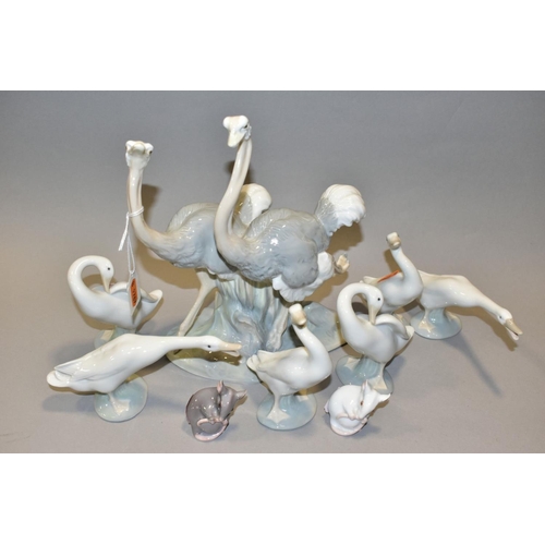 500 - TWO DANISH B & G PORCELAIN FIGURES OF MICE, A NAO OSTRICH GROUP AND SIX  LLADRO DUCK FIGURES, the mi... 