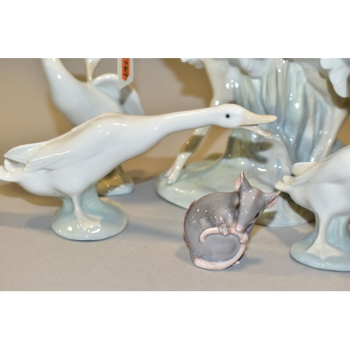 500 - TWO DANISH B & G PORCELAIN FIGURES OF MICE, A NAO OSTRICH GROUP AND SIX  LLADRO DUCK FIGURES, the mi... 