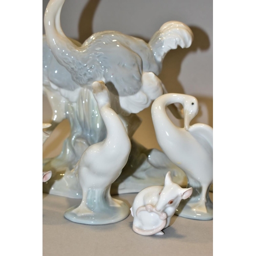 500 - TWO DANISH B & G PORCELAIN FIGURES OF MICE, A NAO OSTRICH GROUP AND SIX  LLADRO DUCK FIGURES, the mi... 