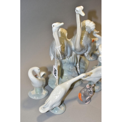 500 - TWO DANISH B & G PORCELAIN FIGURES OF MICE, A NAO OSTRICH GROUP AND SIX  LLADRO DUCK FIGURES, the mi... 