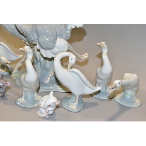 500 - TWO DANISH B & G PORCELAIN FIGURES OF MICE, A NAO OSTRICH GROUP AND SIX  LLADRO DUCK FIGURES, the mi... 