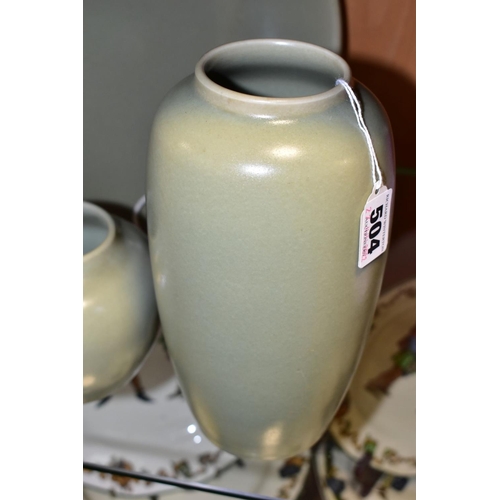 504 - THREE PIECES OF BULLER'S ART POTTERY, by Agnete Hoy, with mottled pale sage green glaze, comprising ... 