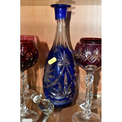 507 - A BOHEMIAN GLASS CUT TO CLEAR DECANTER WITH EIGHT HOCK GLASSES, comprising a cobalt blue cut to clea... 