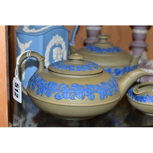 512 - A GROUP OF WEDGWOOD DRABWARE AND JASPERWARES, to include a taupe brown drabware three piece tea set,... 