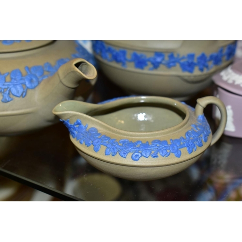 512 - A GROUP OF WEDGWOOD DRABWARE AND JASPERWARES, to include a taupe brown drabware three piece tea set,... 