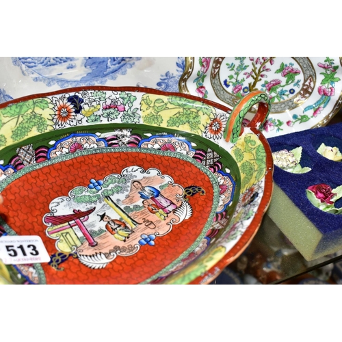 513 - A GROUP OF CERAMICS, to include a Mason's Ironstone dragon headed bowl in the 'Red Scale and Convers... 