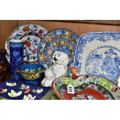 513 - A GROUP OF CERAMICS, to include a Mason's Ironstone dragon headed bowl in the 'Red Scale and Convers... 